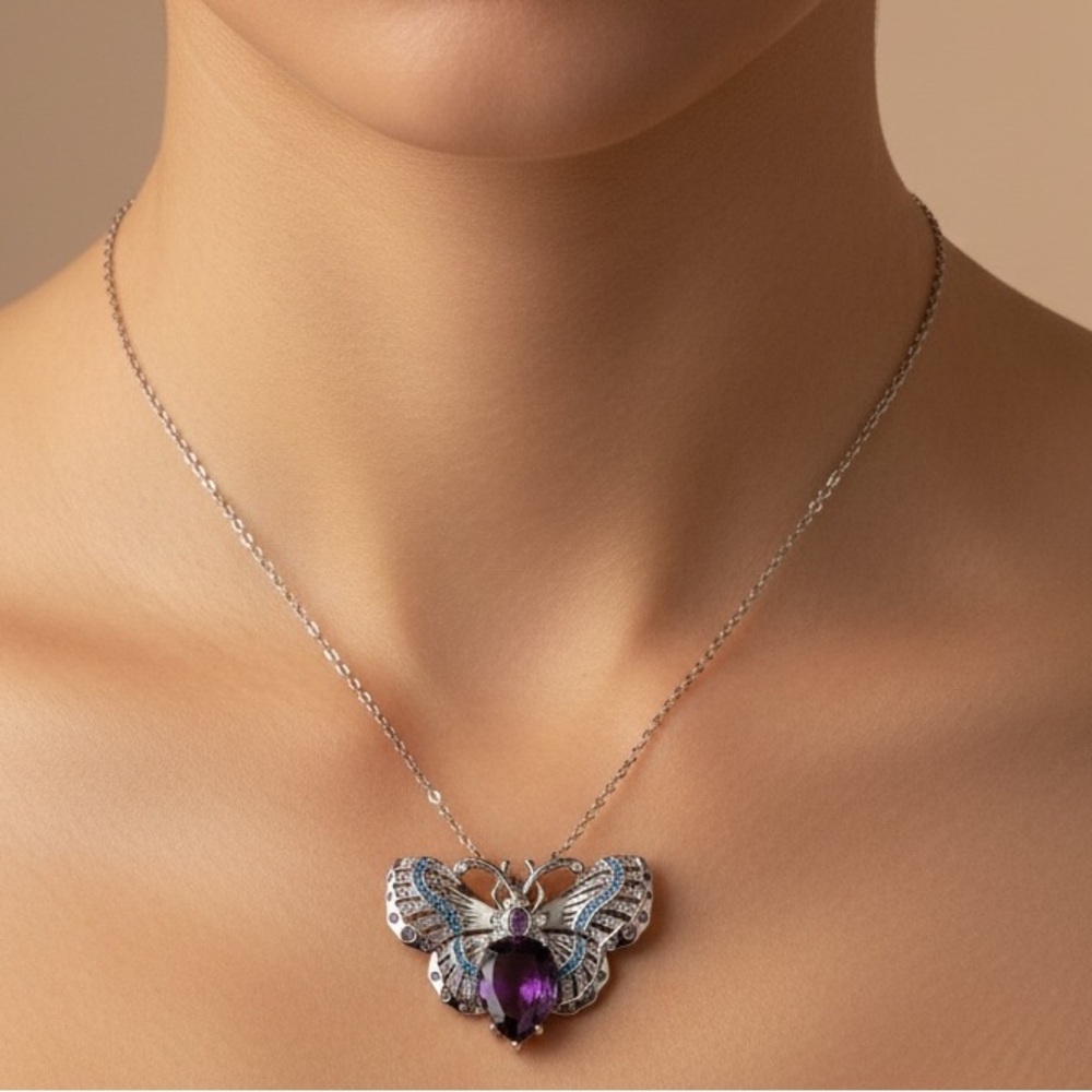 Antique Butterfly Amethyst Pendant Necklace, Silver, Brooch, Wedding, Engagement
